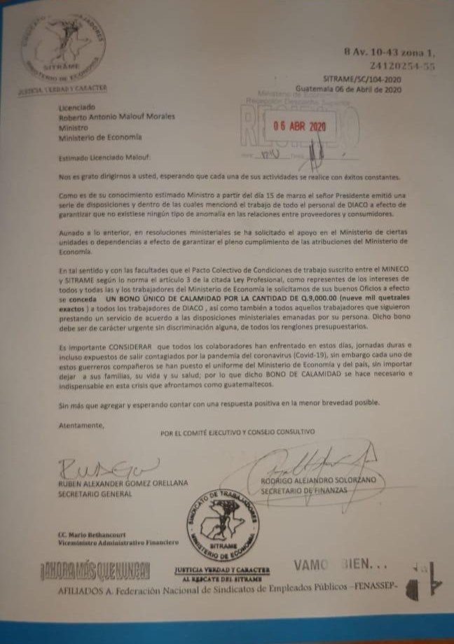 Sindicato del Mineco pide bono de emergencia por coronavirus