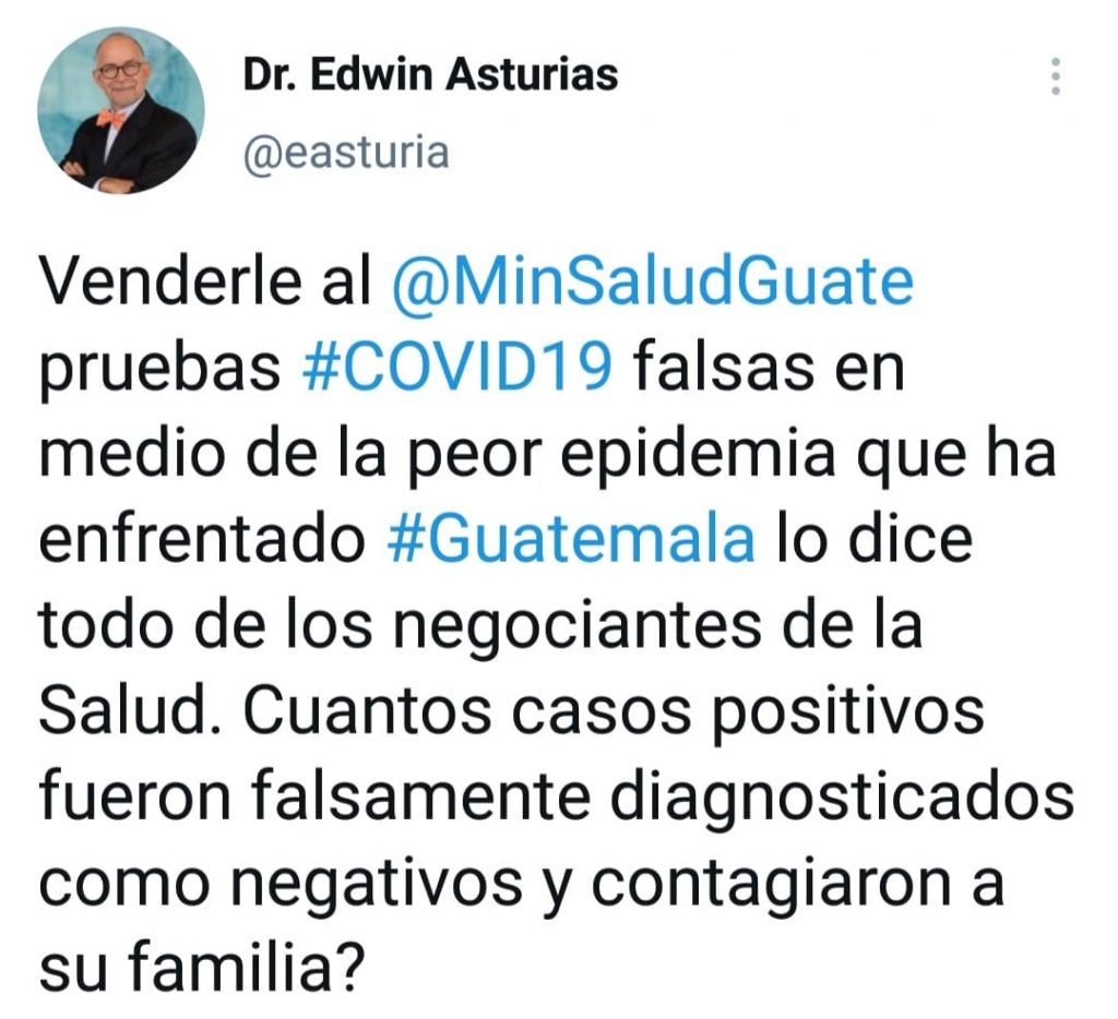 Edwin Asturias se pronuncia por compra de pruebas de Covid-19 falsas