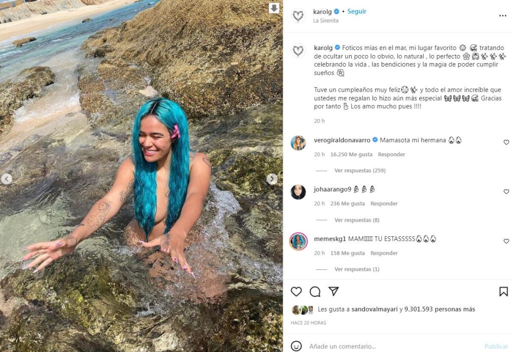 Hermosa sirenita!”, Karol G reta la censura y posa sin ropa en el mar