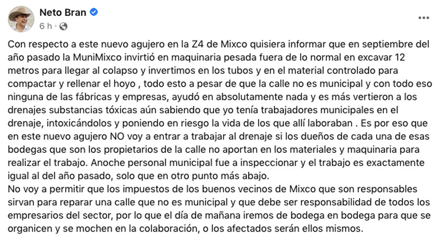 Publicación del alcalde de Mixco, Neto Bran